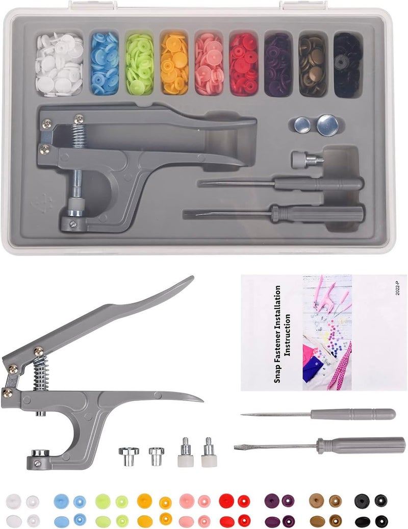 LBTEE Plastic Snap Fastener Kit with Plier Screwdriver Awl and Storage Case, 100 Sets Snaps, 9 Colors T5 Buttons, 12mm Cap. Snap Plier for T3(10mm), T5(12mm), T8(15mm) Buttons, Grey - Image 2